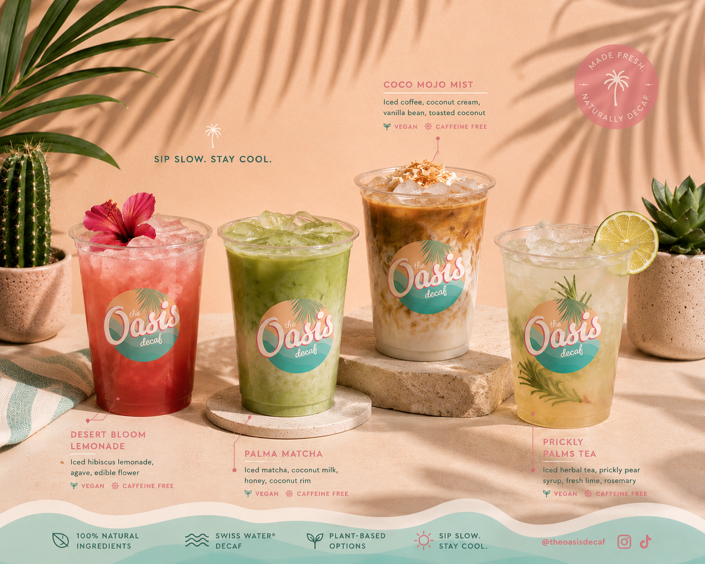 Signature menu — Desert Bloom Lemonade, Palma Matcha, Coco Mojo Mist, Prickly Palms Tea.