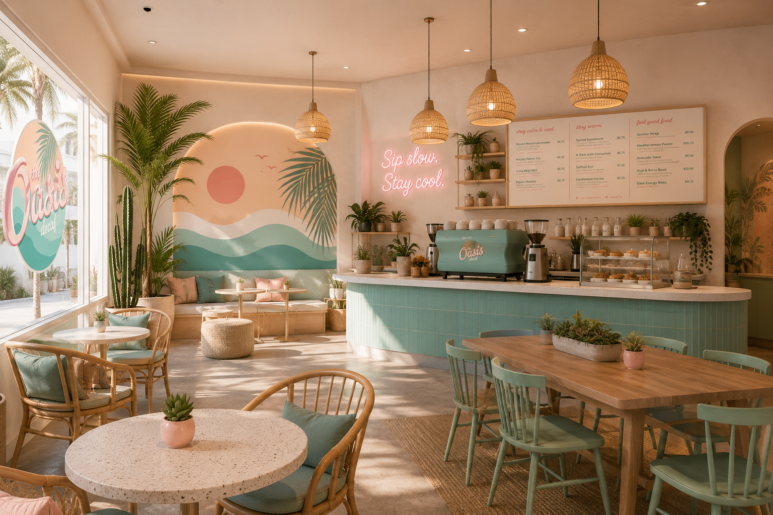 Interior — pastel tile, rattan, a hand-painted sunset wave mural, and a pink neon 'Sip slow. Stay cool.'