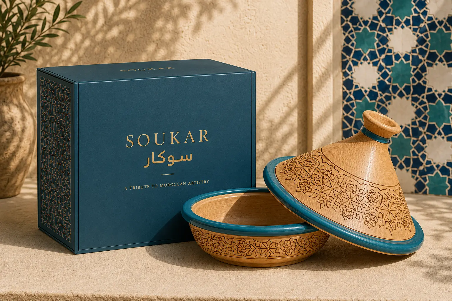 Tile turquoise — zellige-inspired carving against a deep blue box.