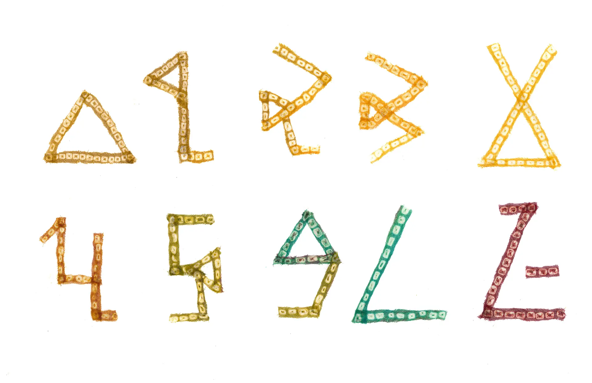 The numerals printed with my mom's old bandhani sari — each stroke carries the tie-dye grid.