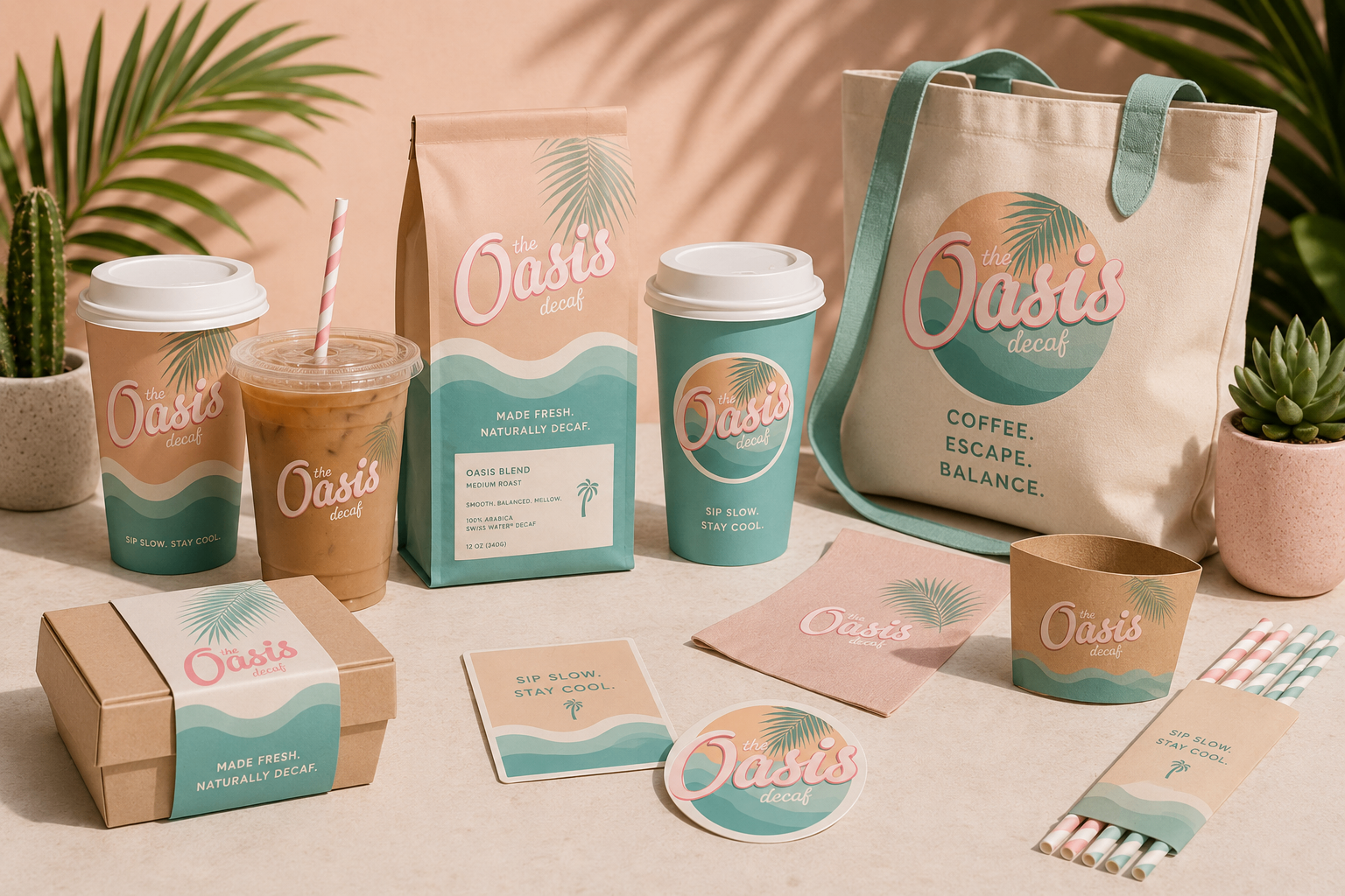 Packaging system — cups, coffee bag, tote, takeout box, coasters, and stickers.