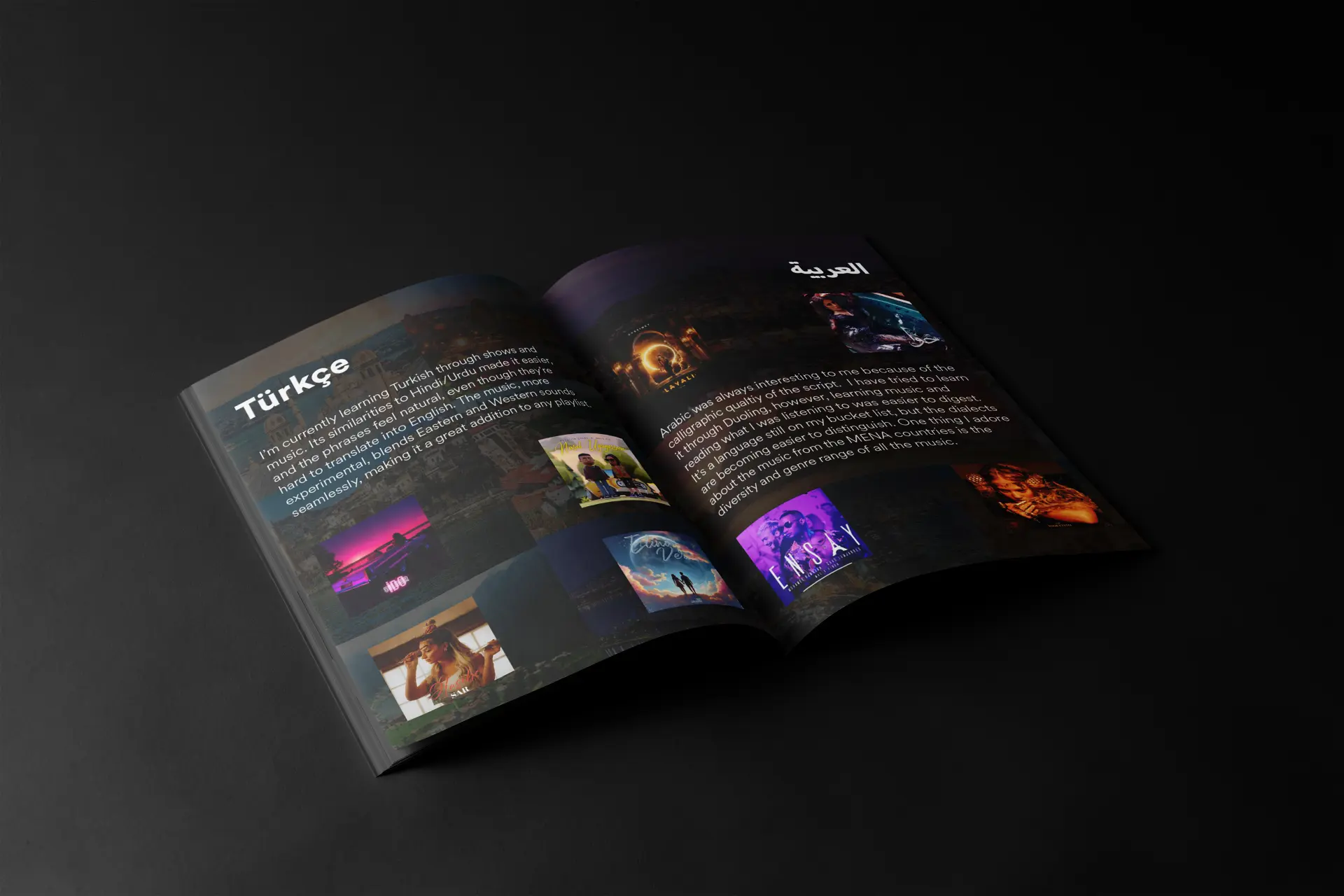 Türkçe and العربية — script-led headlines with essays on learning through listening.