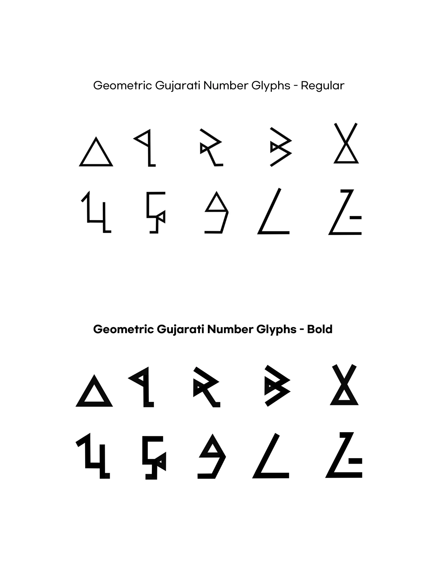 Geometric Gujarati number glyphs — Regular and Bold.
