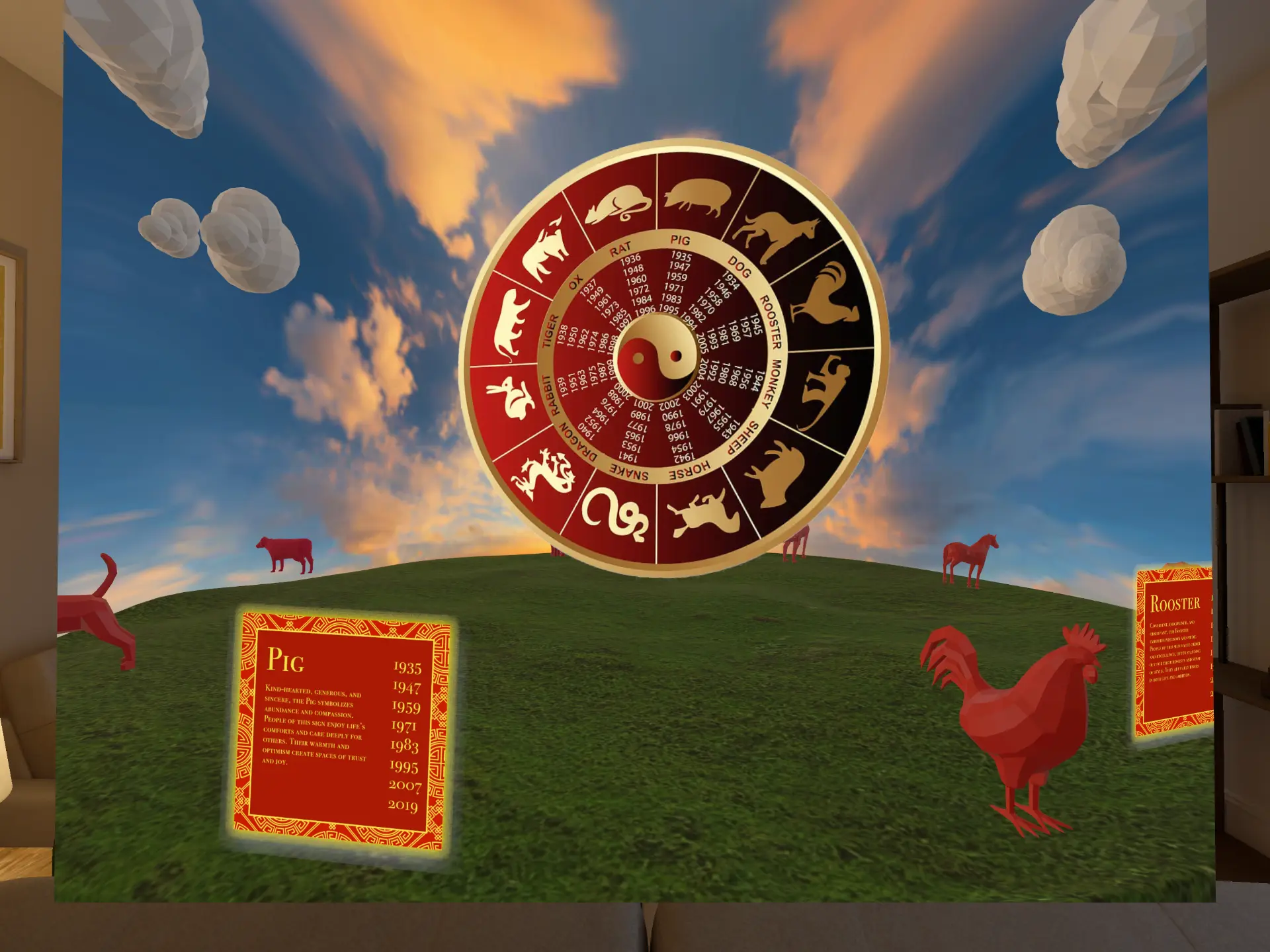 The zodiac wheel spins to reveal your sign, surrounded by low-poly animals and story cards.