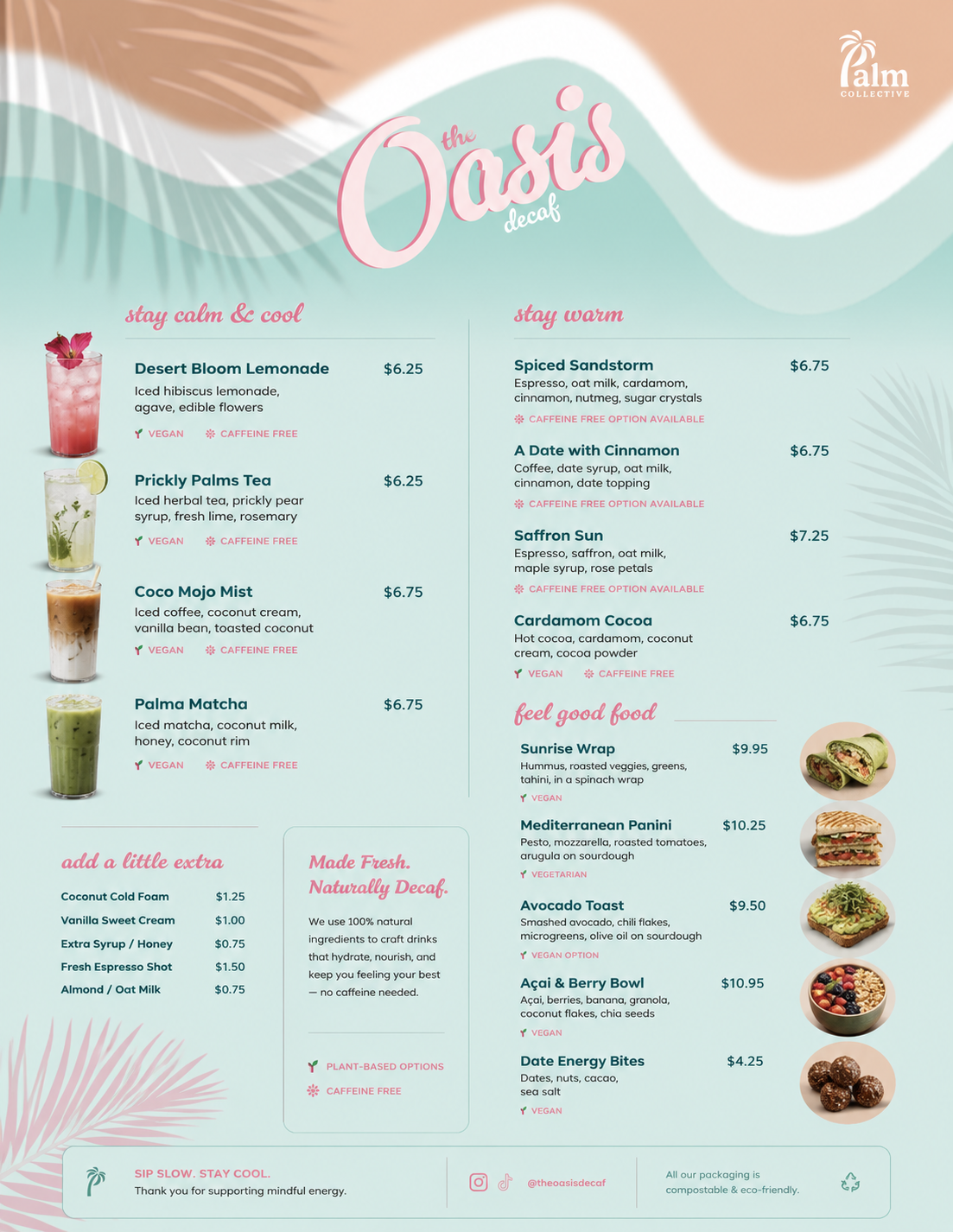 Printed menu system across stay calm & cool, stay warm, and feel good food.
