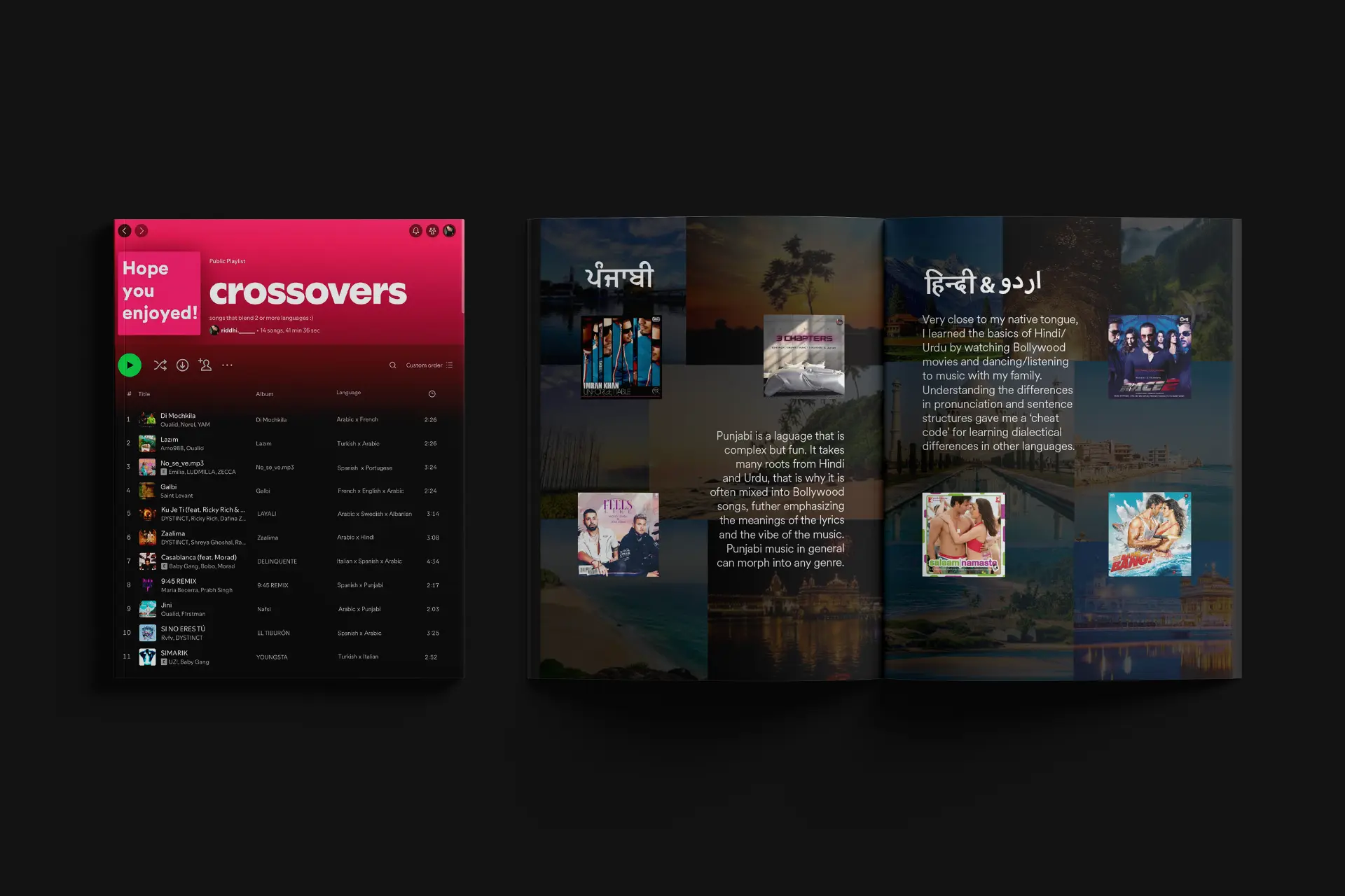 Crossovers — the closing playlist of songs that blend two or more languages, alongside the ਪੰਜਾਬੀ and हिन्दी & اردو spread.