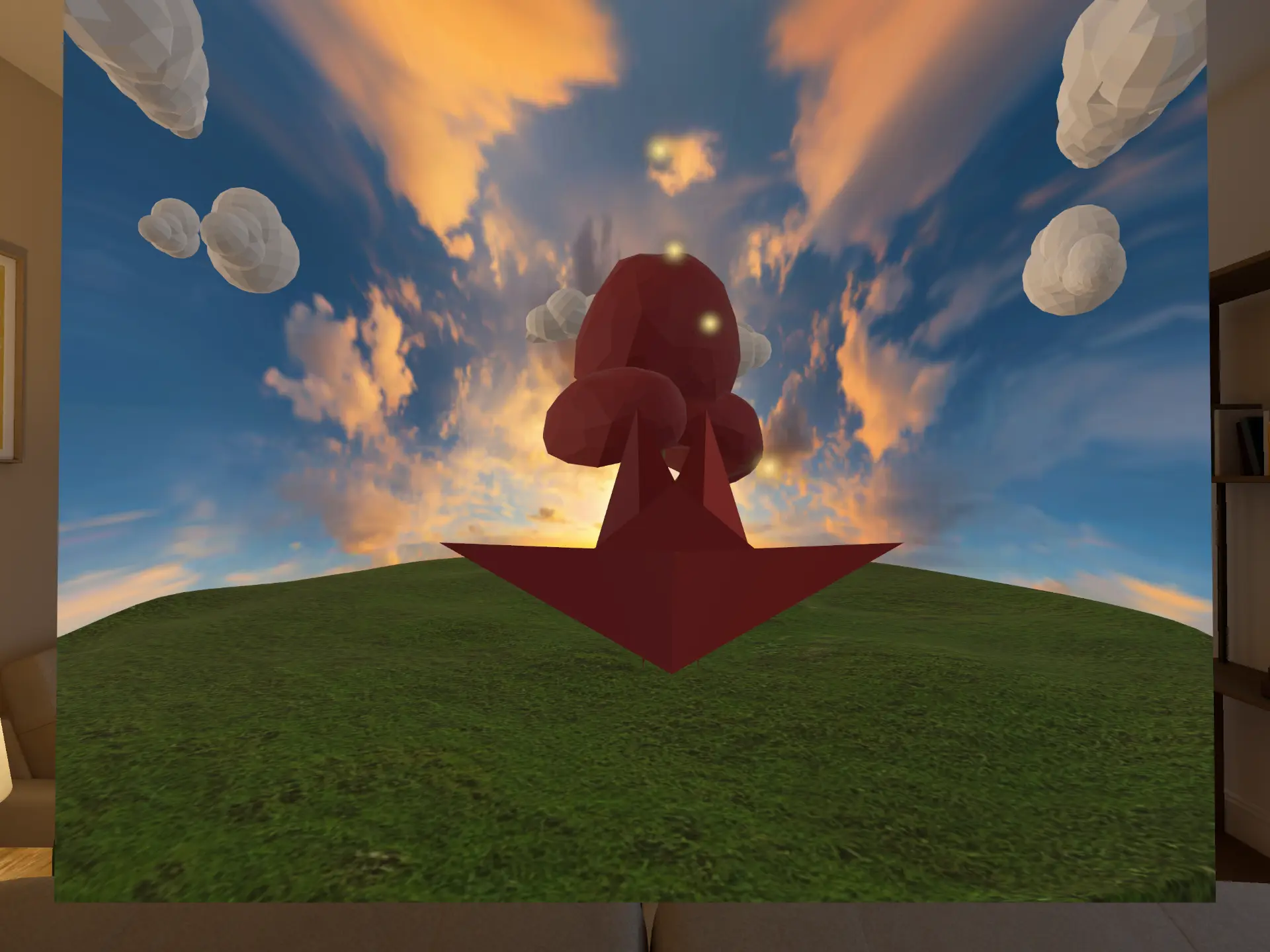 The tree anchors the scene, with the origami paper drifts through the sunset sky.