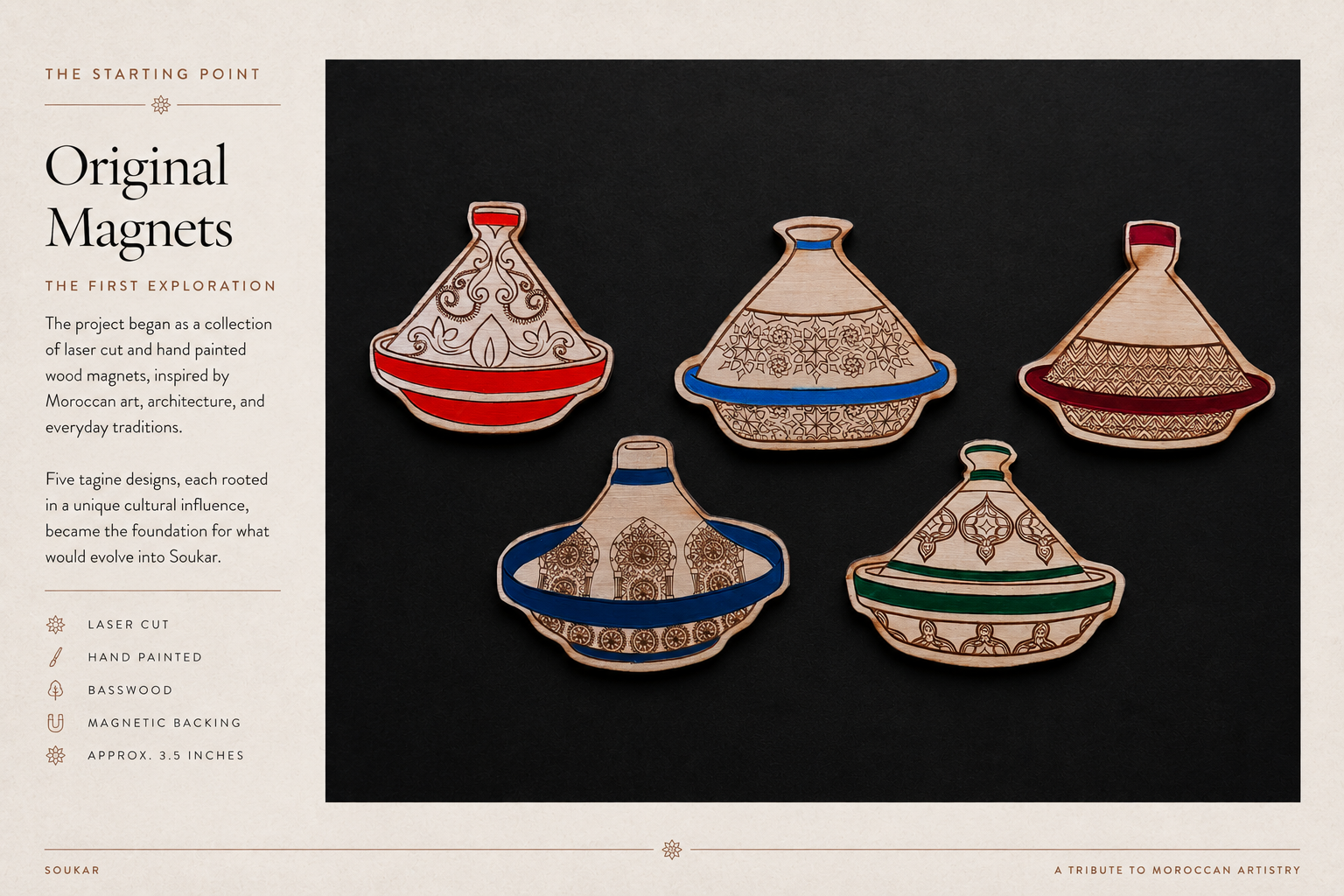 Original magnets — the first exploration: five laser-cut, hand-painted basswood tagines that became the foundation for Soukar.