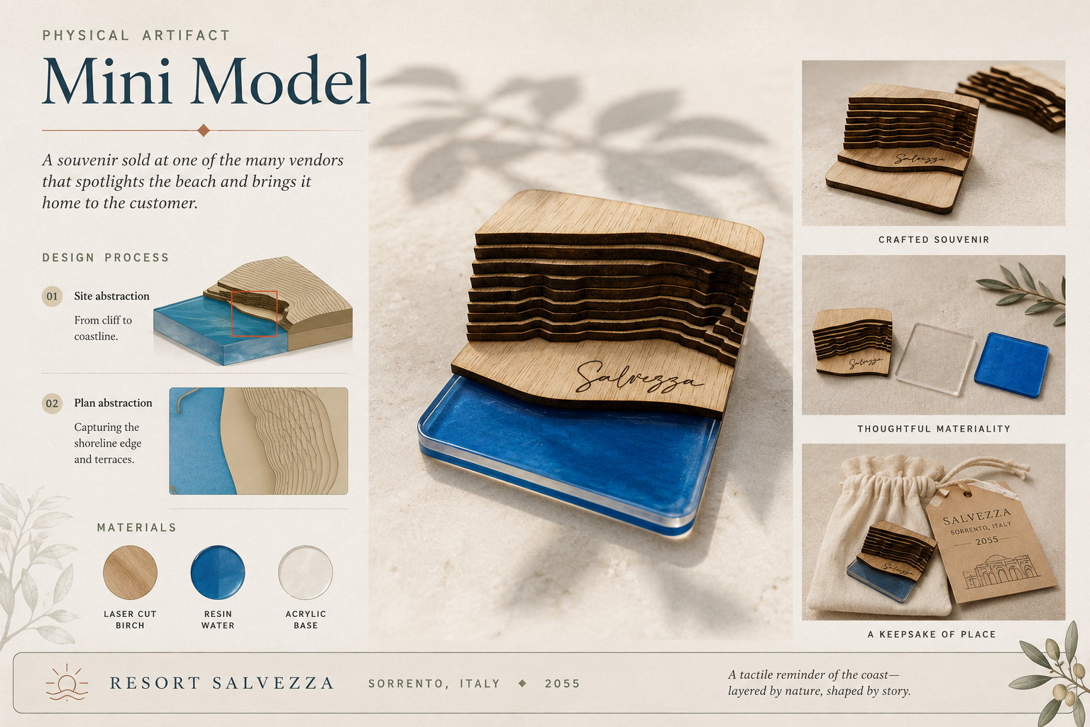 Mini Model — a laser-cut birch and resin souvenir abstracting the cliff-to-coastline section, sold at the marketplace.