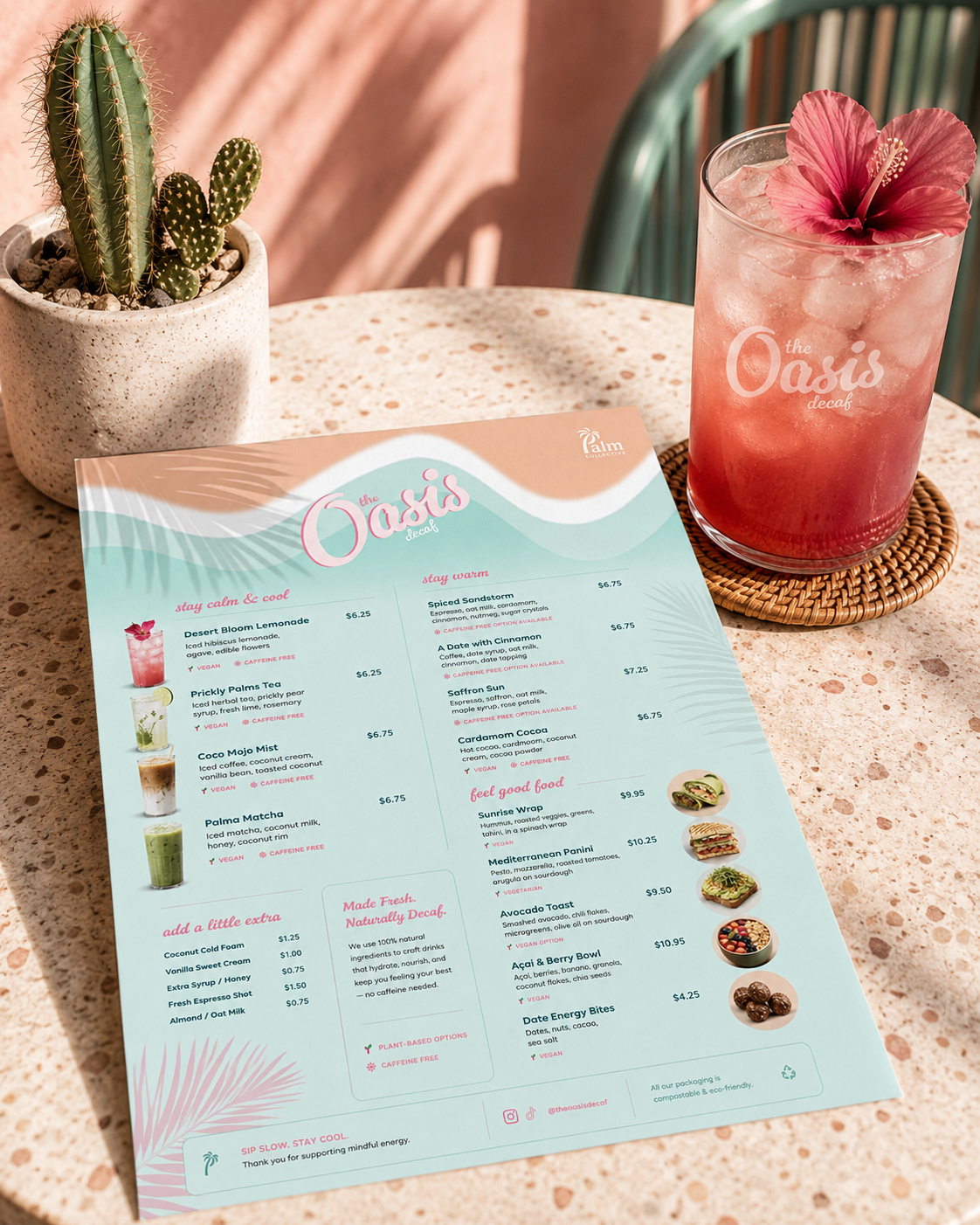 Menu in situ — terrazzo table, hibiscus lemonade, and afternoon light.